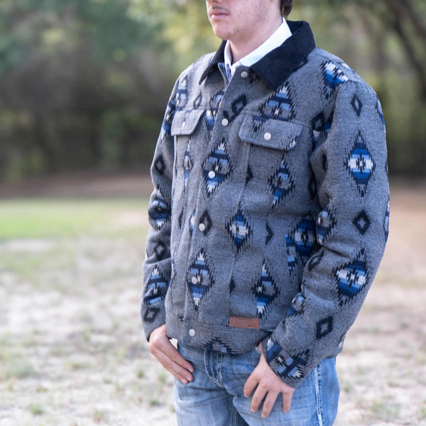 Lazy J Men's Southwestern Print Trucker Jacket - Grey-Lazy J Ranch Wear