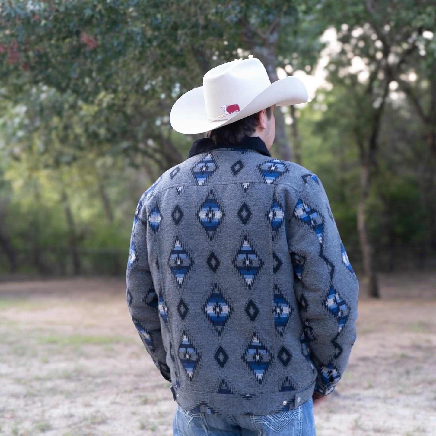 Lazy J Men's Southwestern Print Trucker Jacket - Grey-Lazy J Ranch Wear