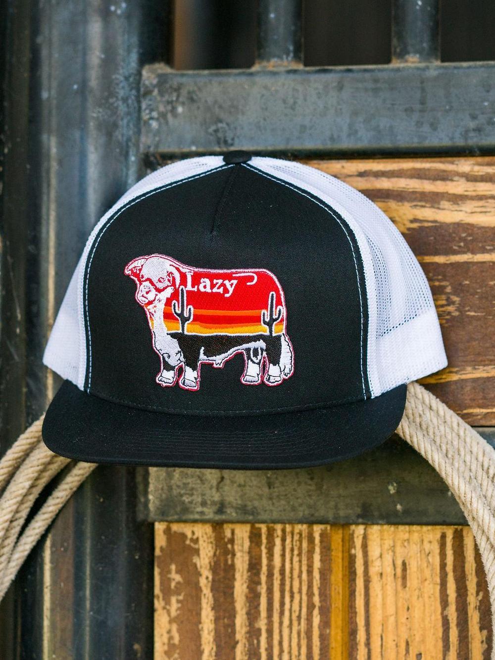 Lazy J Ranch Black & White Sunrise Bull Classic Five Panel Trucker Hat-Lazy J Ranch Wear