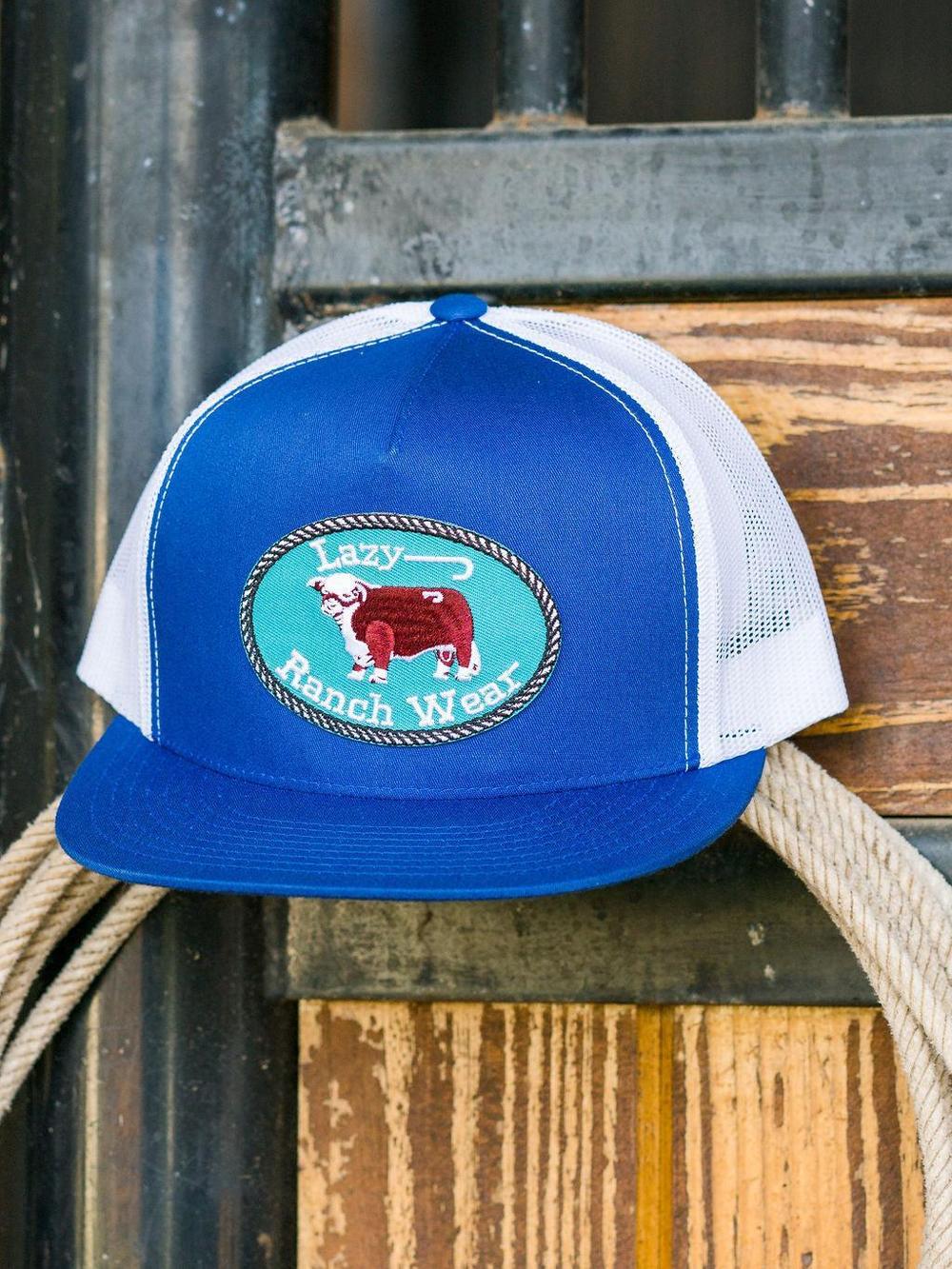 Lazy J Ranch Blue & White Original Buckle Classic Five Panel Trucker Hat-Lazy J Ranch Wear