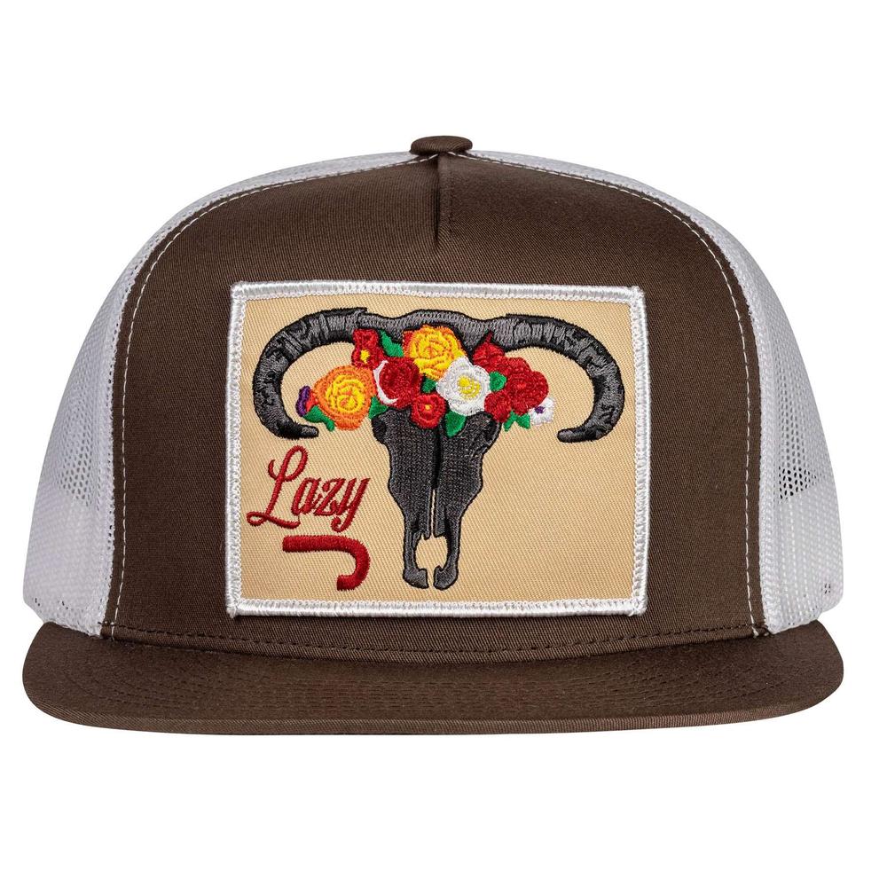 Lazy J Ranch Brown & White Skull & Flowers Classic Five Panel Trucker Hat-Lazy J Ranch Wear