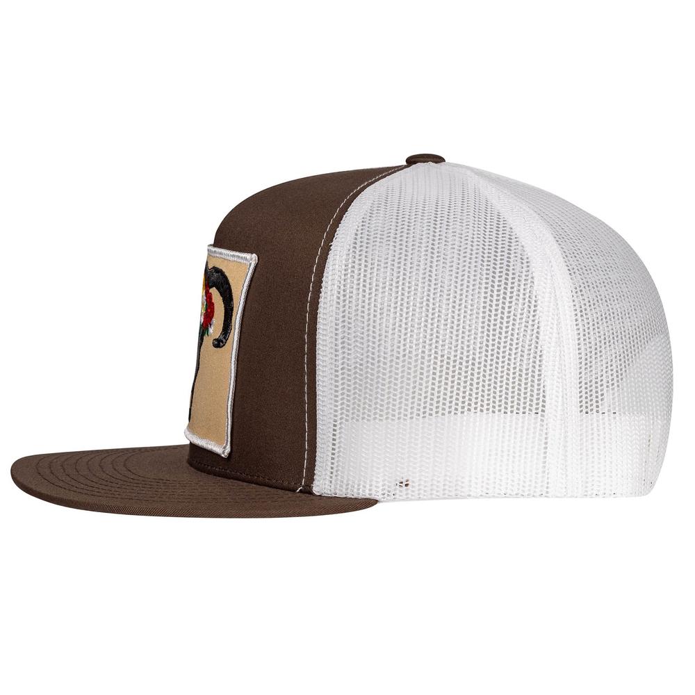 Lazy J Ranch Brown & White Skull & Flowers Classic Five Panel Trucker Hat-Lazy J Ranch Wear