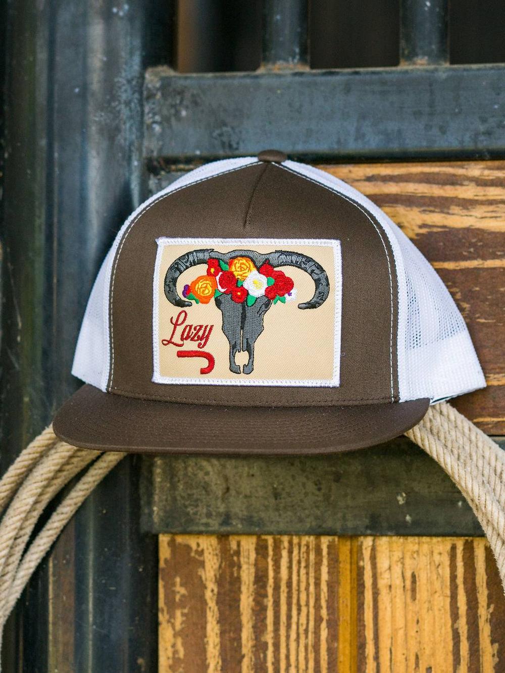 Lazy J Ranch Brown & White Skull & Flowers Classic Five Panel Trucker Hat-Lazy J Ranch Wear