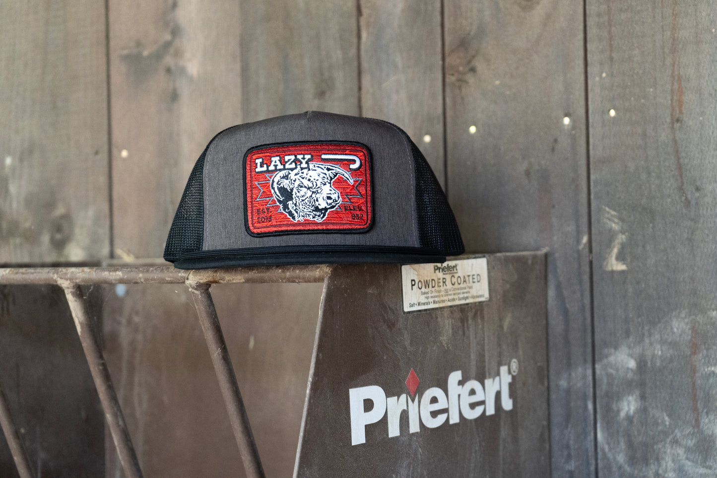 Lazy J Ranch Charcoal Grey & Black Red Cowpoke Classic Five Panel Trucker Hat-Lazy J Ranch Wear