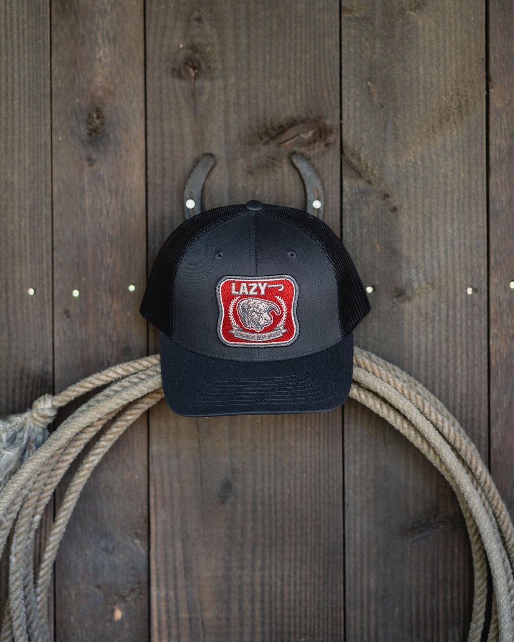 Lazy J Ranch Charcoal Grey Red America's Best Brand Classic Five Panel Trucker Hat-Lazy J Ranch Wear