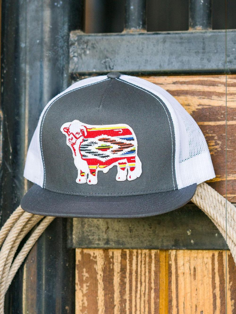 Lazy J Ranch Charcoal Grey & White Serape Bull Classic Five Panel Trucker Hat-Lazy J Ranch Wear