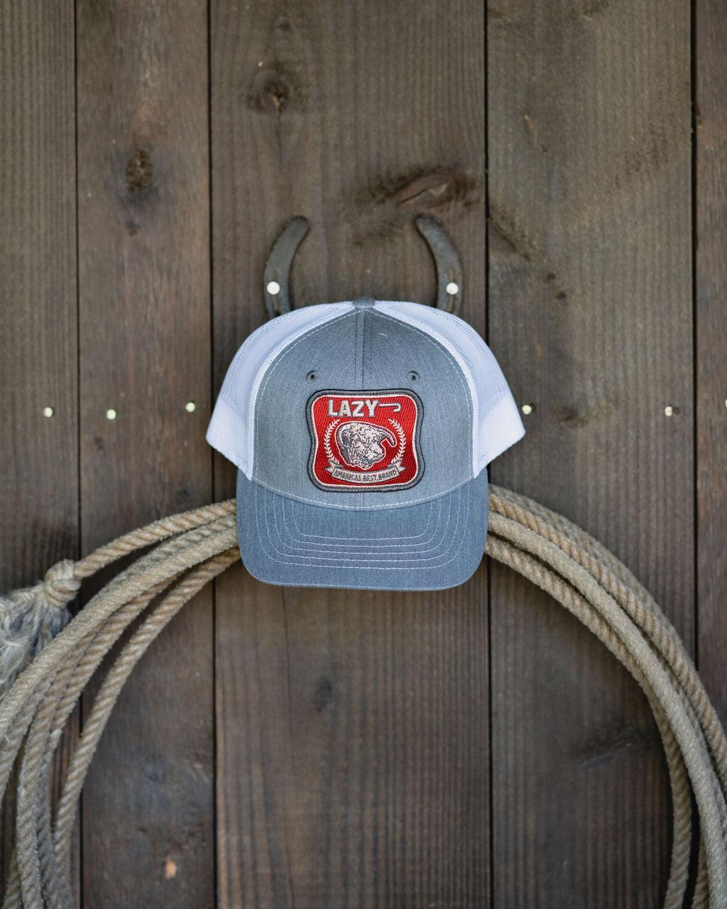 Lazy J Ranch Heather Grey & White Red America's Best Brand Mid Profile Trucker Hat-Lazy J Ranch Wear