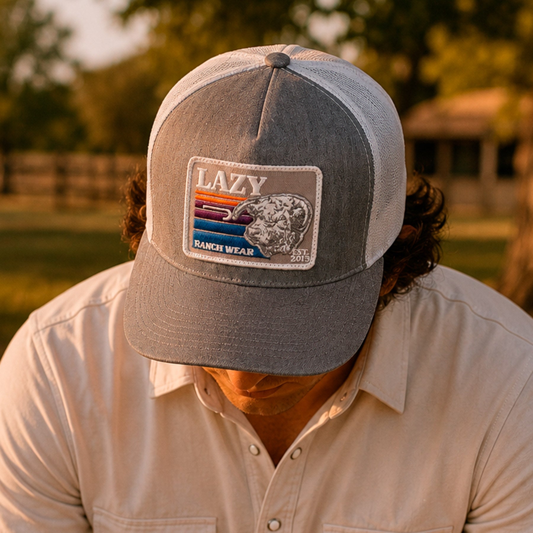 Lazy J Ranch Heather Grey & White Sunset Retro Classic Five Panel