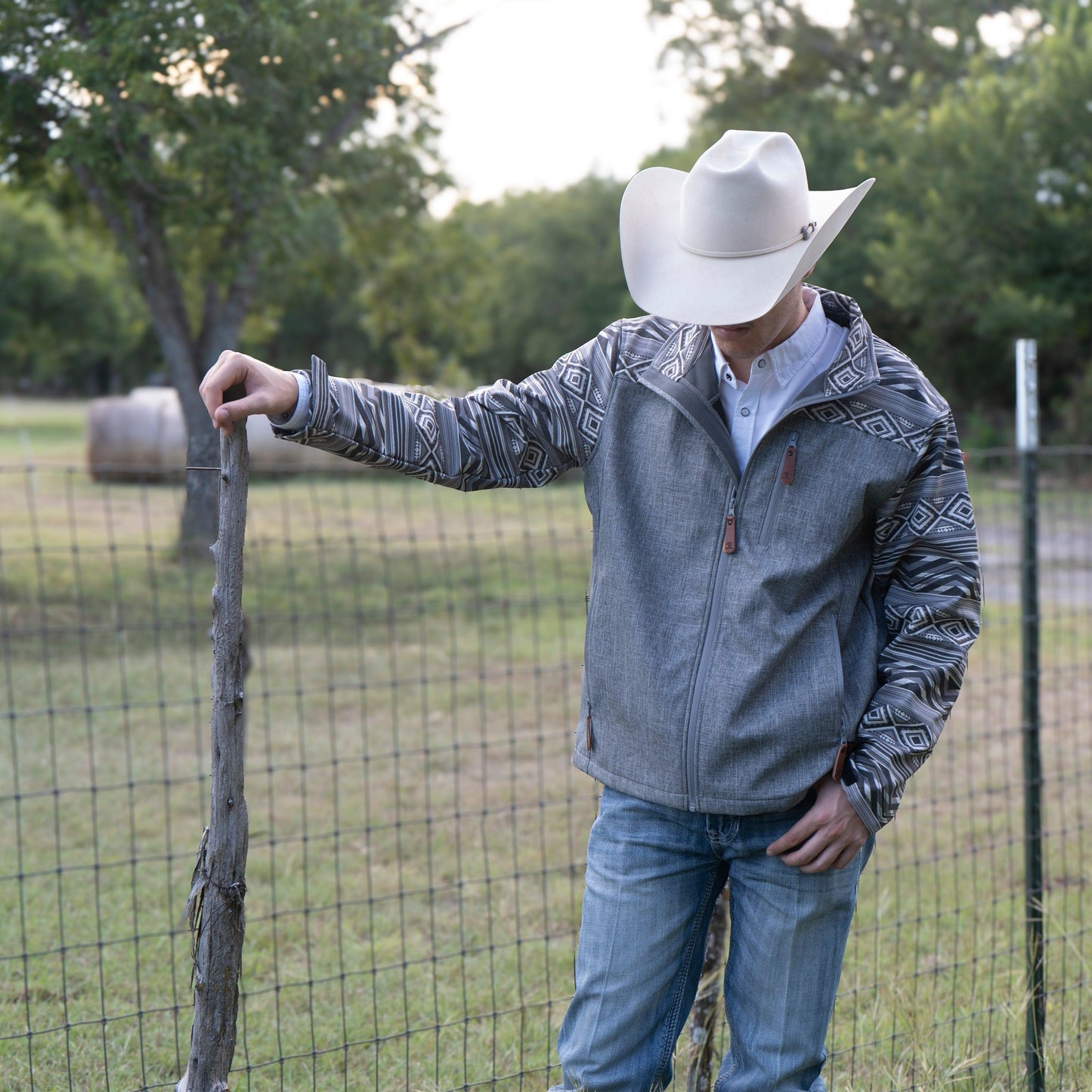 Lazy J Ranch Men's Aztec Print Bonded Jacket - Grey-Lazy J Ranch Wear