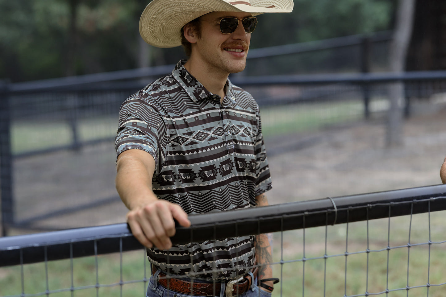 Lazy J Ranch Men's Aztec Print Performance Polo Shirt - Grey-Lazy J Ranch Wear