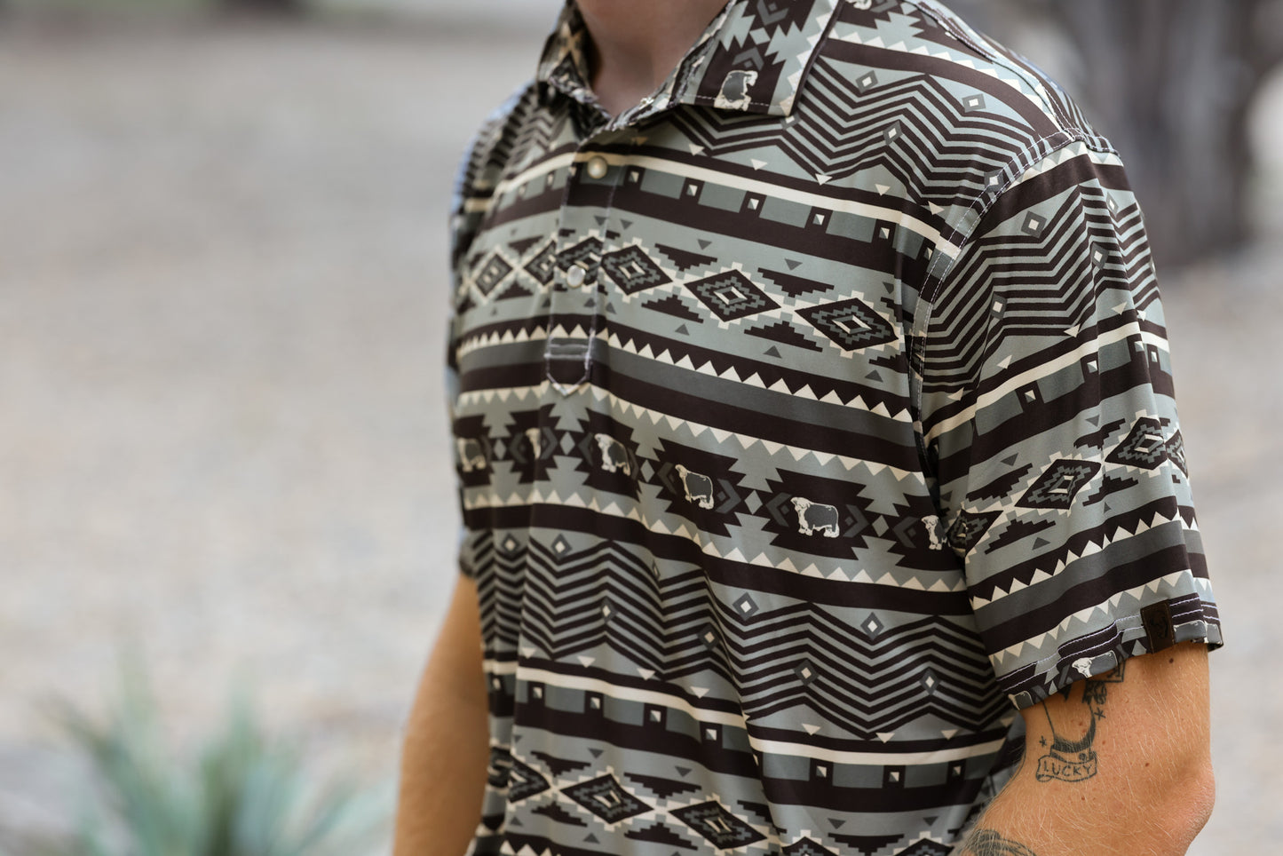 Lazy J Ranch Men's Aztec Print Performance Polo Shirt - Grey-Lazy J Ranch Wear