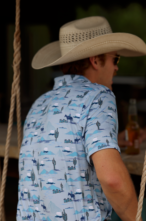 Lazy J Ranch Men's Cactus Print Performance Polo Shirt - Blue-Lazy J Ranch Wear