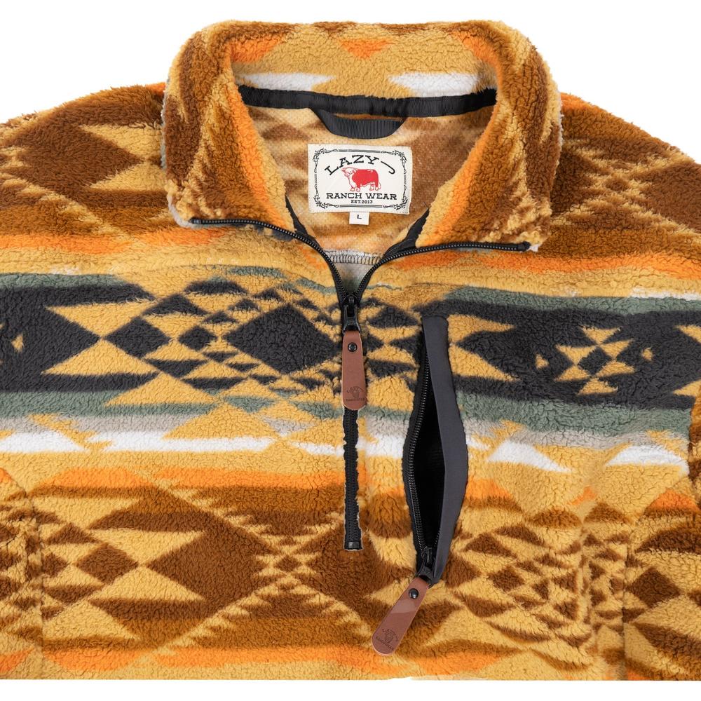 Lazy J Ranch Men's Mustard Aztec Print Quarter Zip Fleece Pullover-Lazy J Ranch Wear