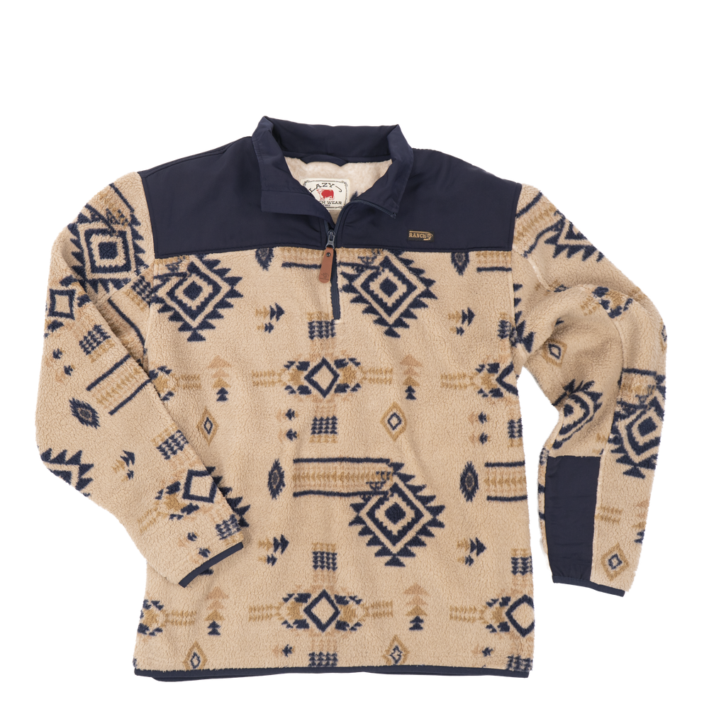 Lazy J Ranch Men's Southwestern Print Quarter Zip Fleece Pullover - Tan-Lazy J Ranch Wear