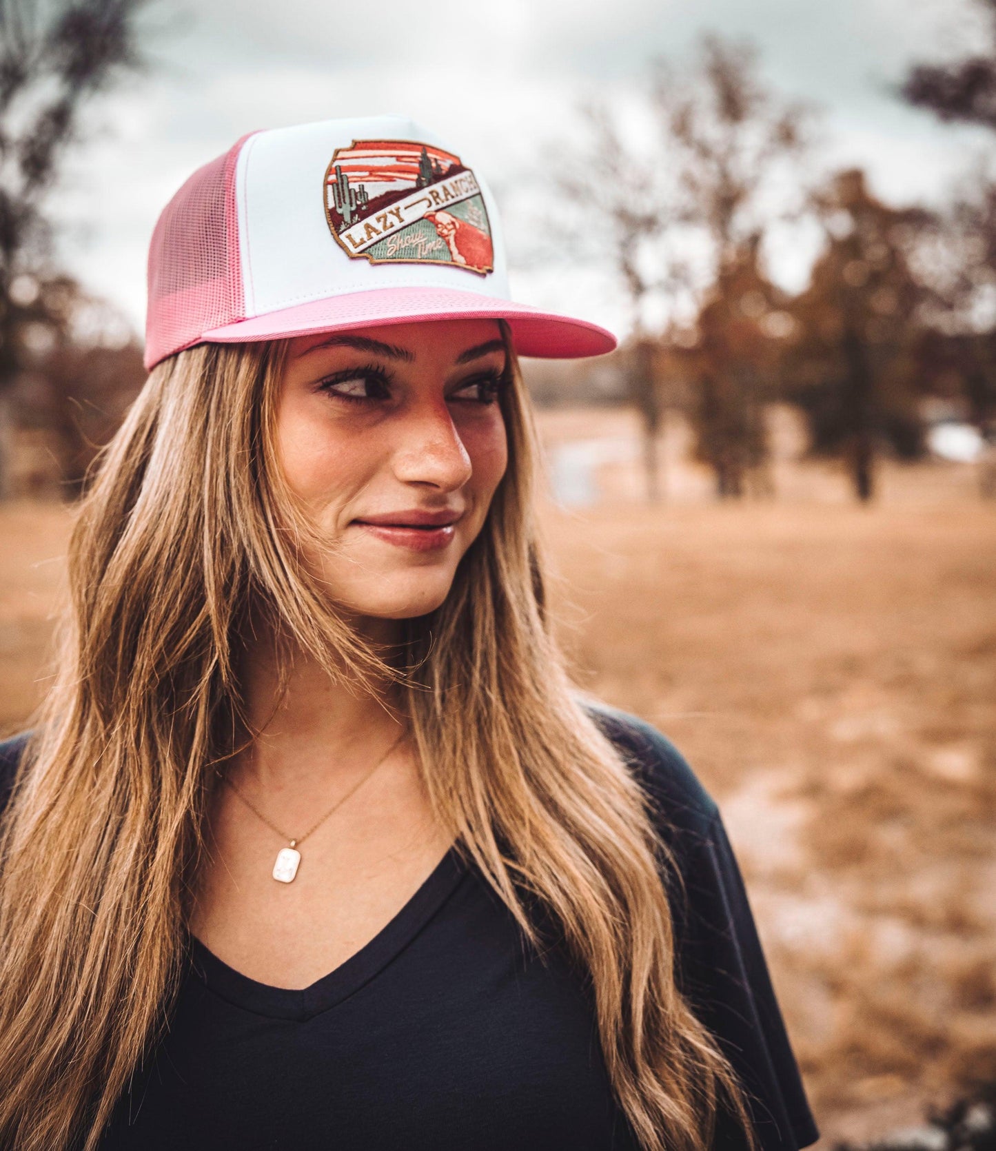Lazy J Ranch Pink & White Desert Show Time Classic Five Panel Trucker Hat-Lazy J Ranch Wear