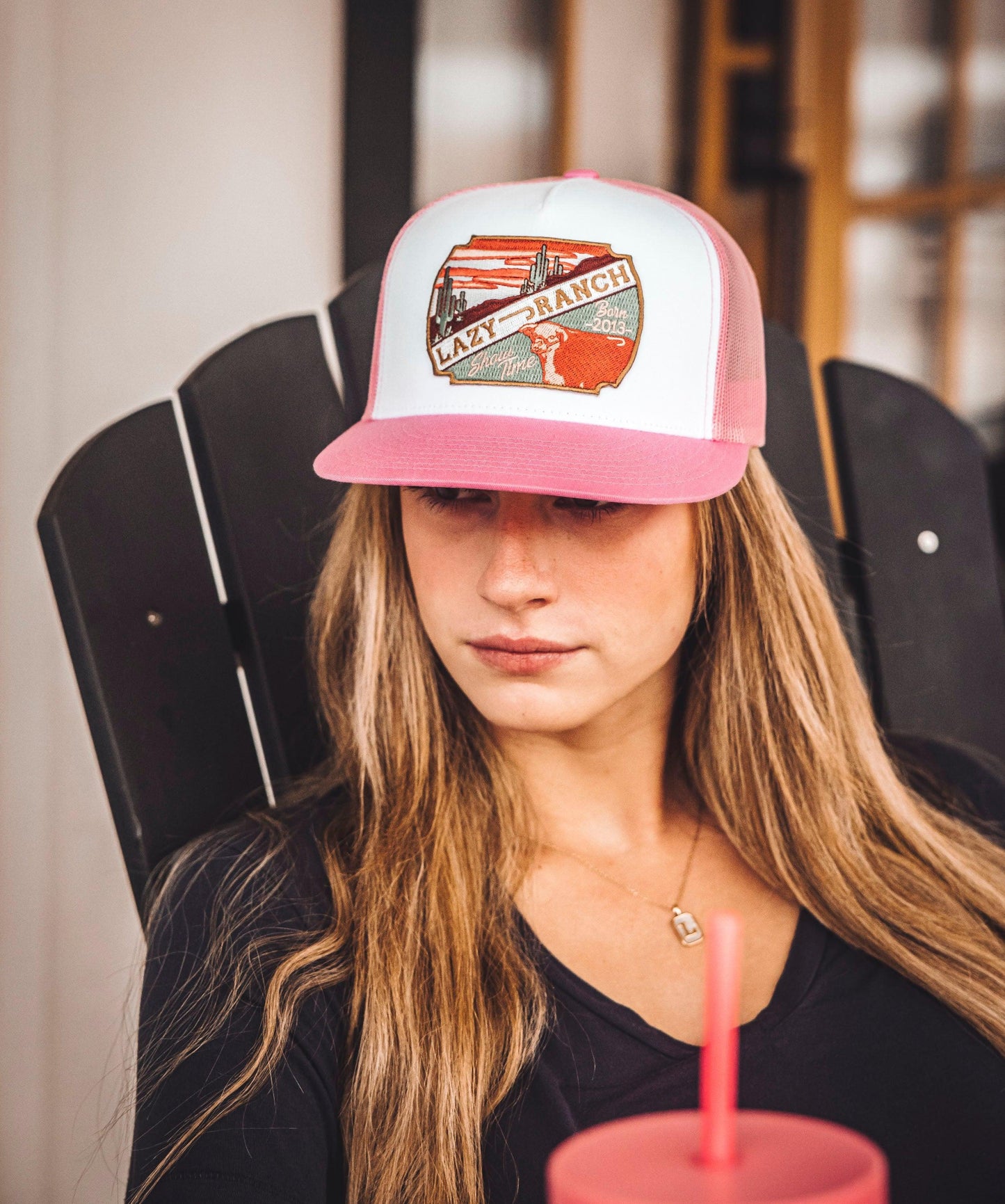 Lazy J Ranch Pink & White Desert Show Time Classic Five Panel Trucker Hat-Lazy J Ranch Wear