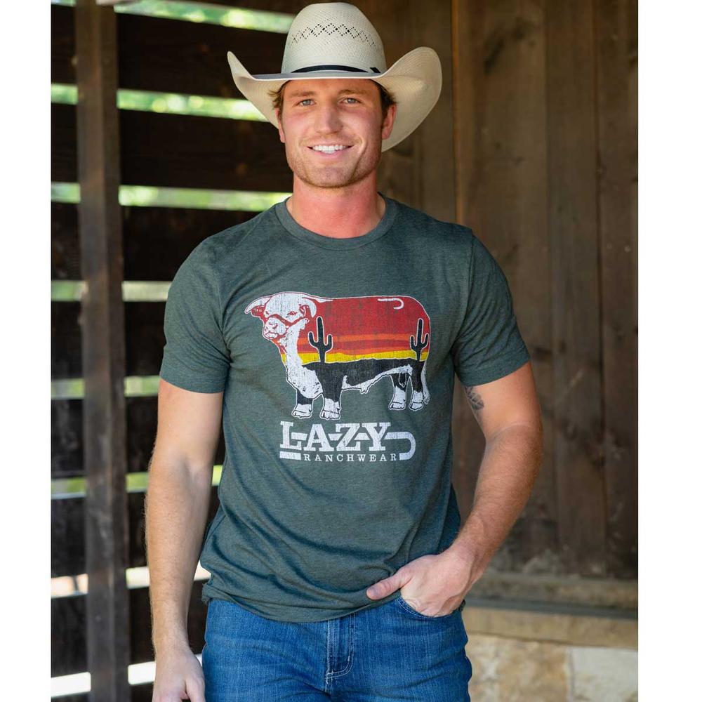 Lazy J Ranch Sunrise Bull Patch Short Sleeve T-Shirt - Heather Forest Green-Lazy J Ranch Wear