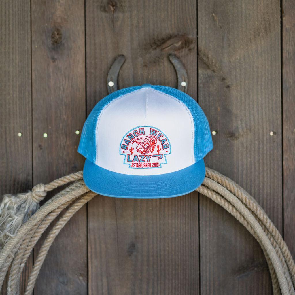 Lazy J Ranch White & Carolina Blue Turquoise Arrowhead Classic Five Panel Trucker Hat-Lazy J Ranch Wear