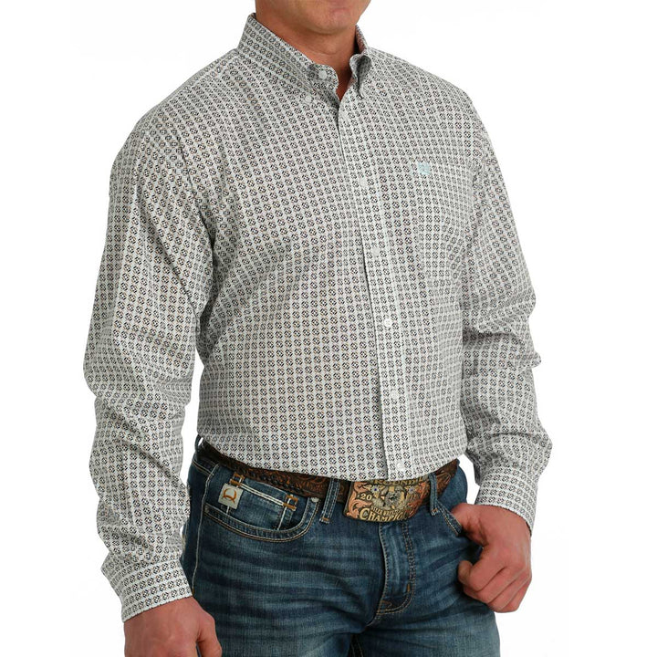 Cinch Men's Geometric Print Button-Down Long Sleeve Shirt - White
