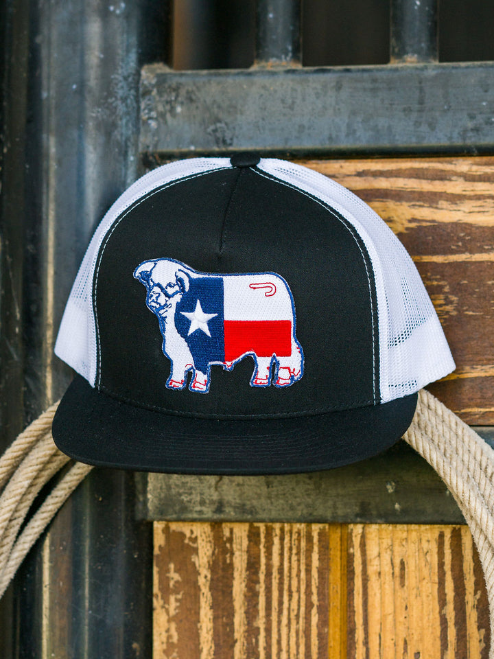Lazy J Ranch Wear Black & White 4" Texas Flag Bull Cap