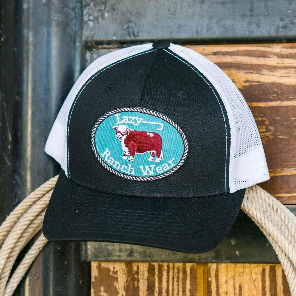 
                  
                    Lazy J Ranch Black & White Original Buckle Mid Profile Trucker Hat-Lazy J Ranch Wear
                  
                