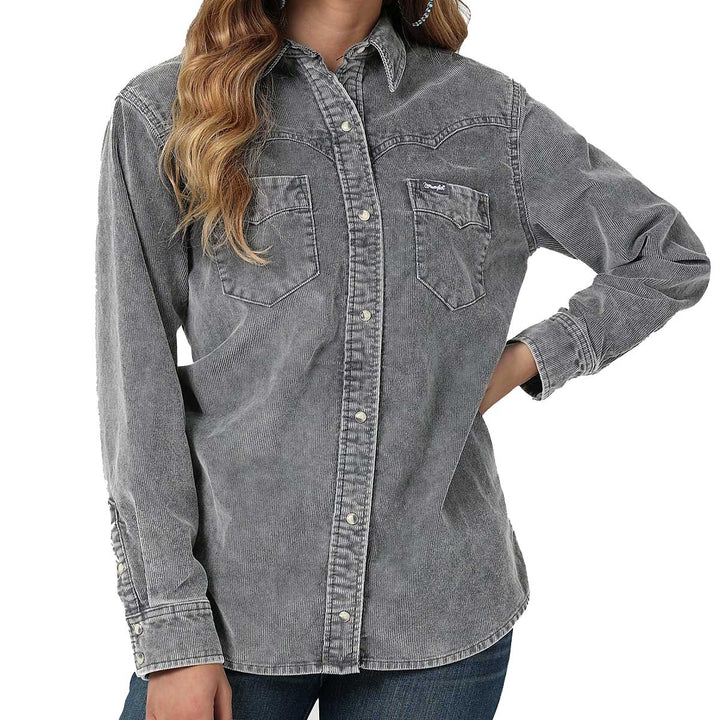 Wrangler Women's Corduroy Fade Western Snap Shirt - Grey