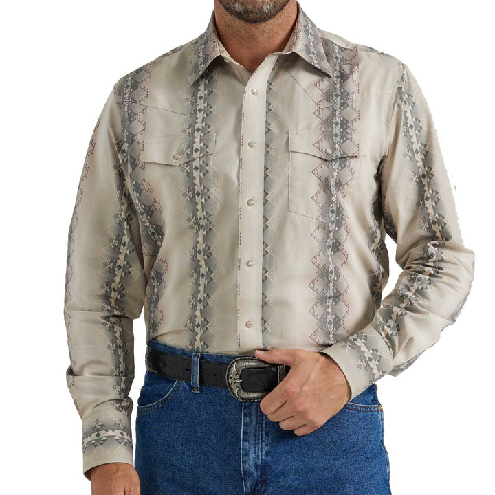 Wrangler Men's Checotah Aztec Stripe Western Long Sleeve Shirt - Tan