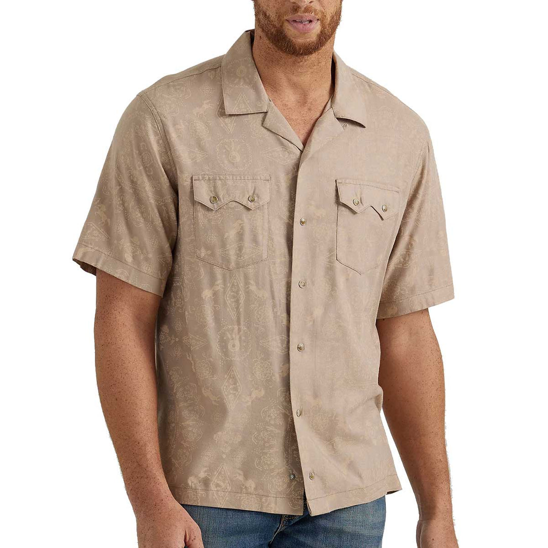 Wrangler Men's Coconut Cowboy Snap Camp Short Sleeve Shirt - Brown Symbols