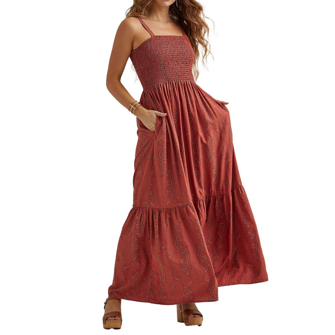 Wrangler Women's Smocked Bodice Maxi Dress - Rust