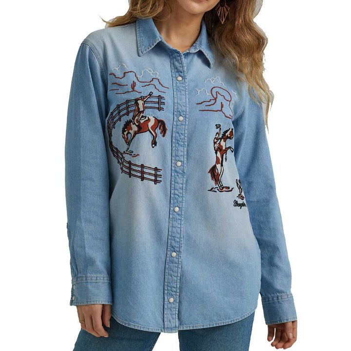 Wrangler Women's Embroidered Horse Boyfriend Western Shirt - Denim