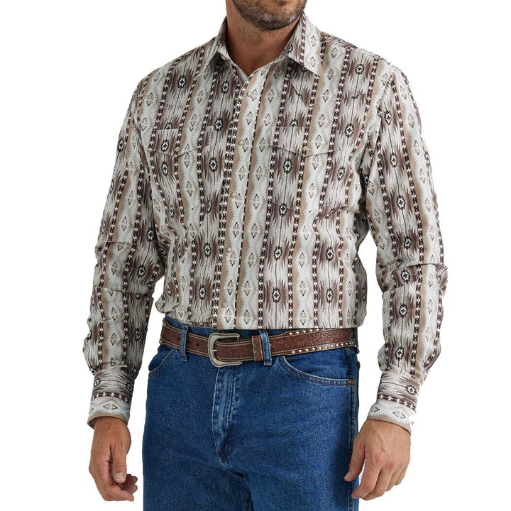 Wrangler Men's Checotah Shades of Coffee Aztec Long Sleeve Shirt - Tan