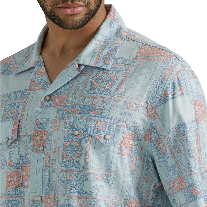 Wrangler Men's Coconut Cowboy Snap Front Camp Short Sleeve Shirt - Light Blue