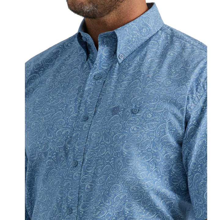 Wrangler Men's George Strait Button Down Short Sleeve Shirt - Stone Blue & Paisley