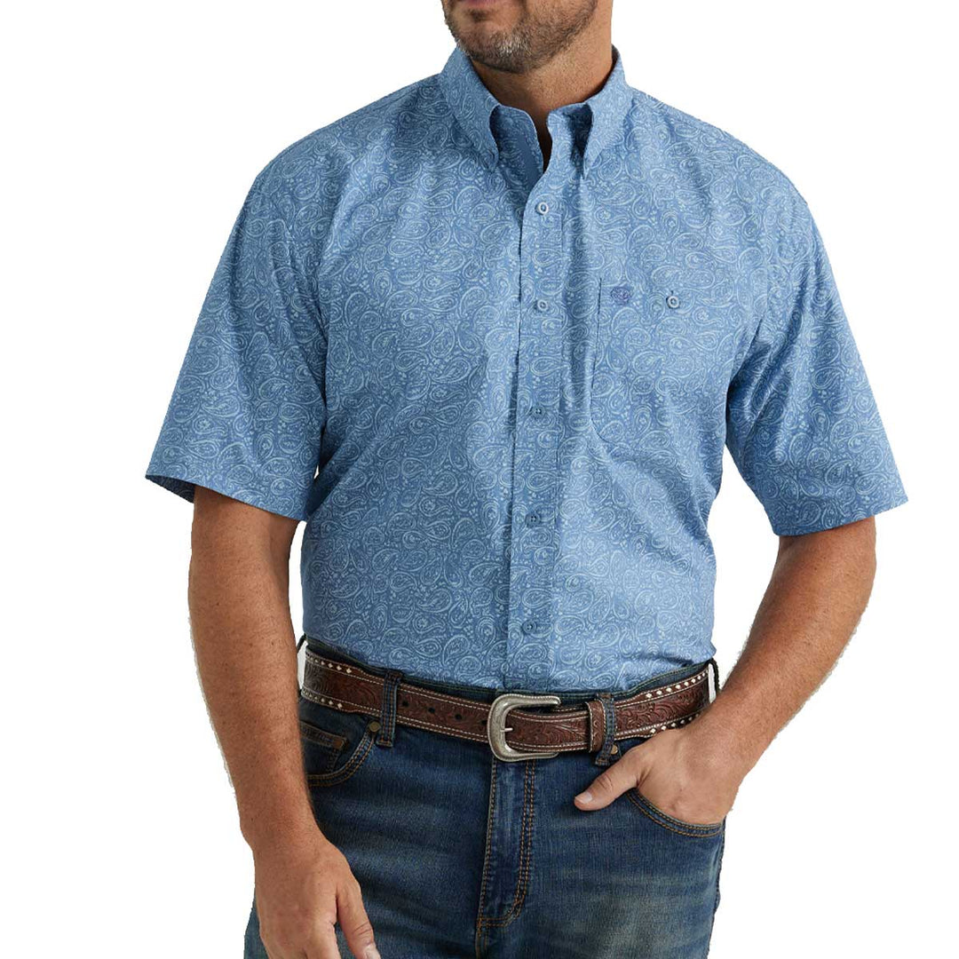 Wrangler Men's George Strait Button Down Short Sleeve Shirt - Stone Blue & Paisley