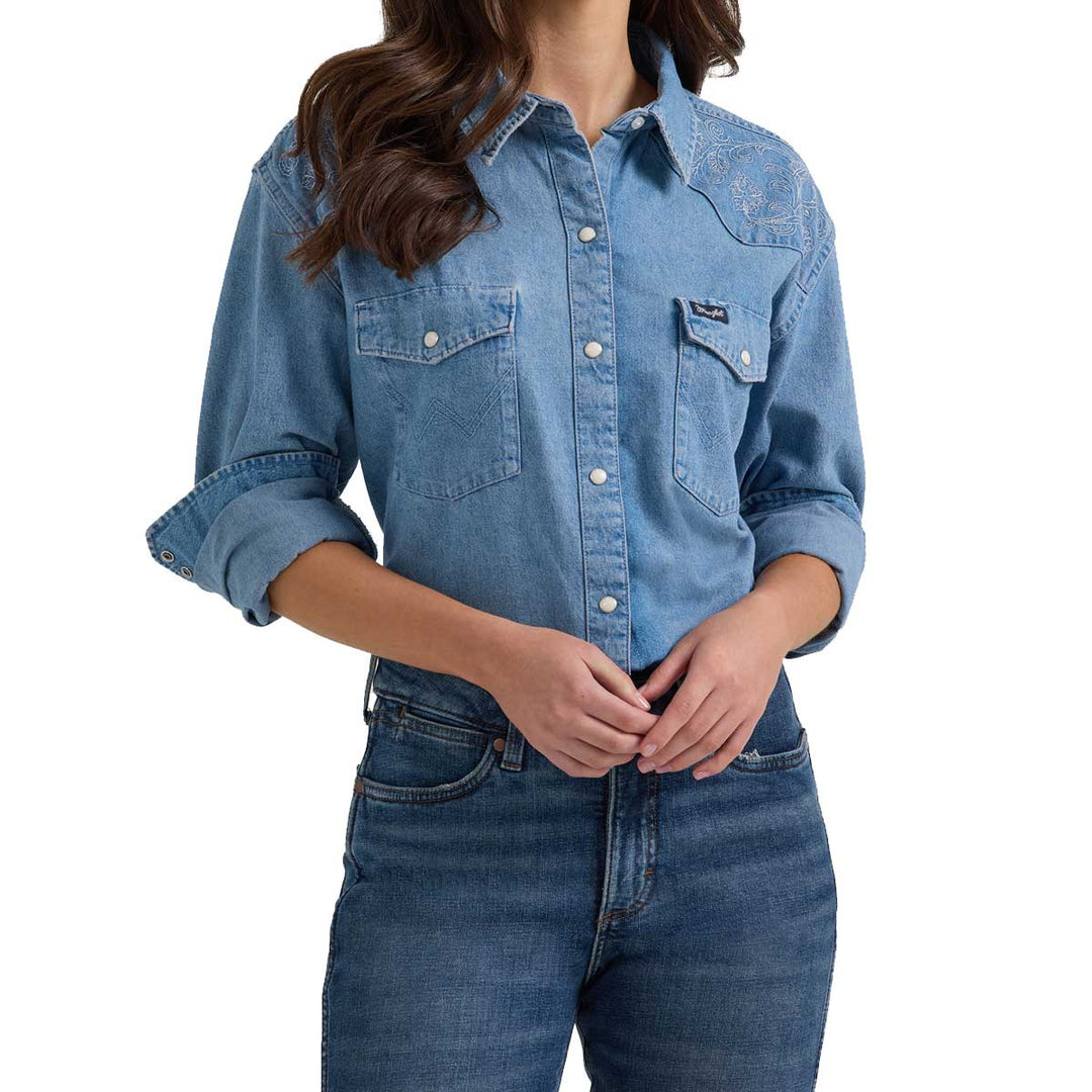 Wrangler Women’s Western Snap Embroidered Denim Long Sleeve Shirt - Denim