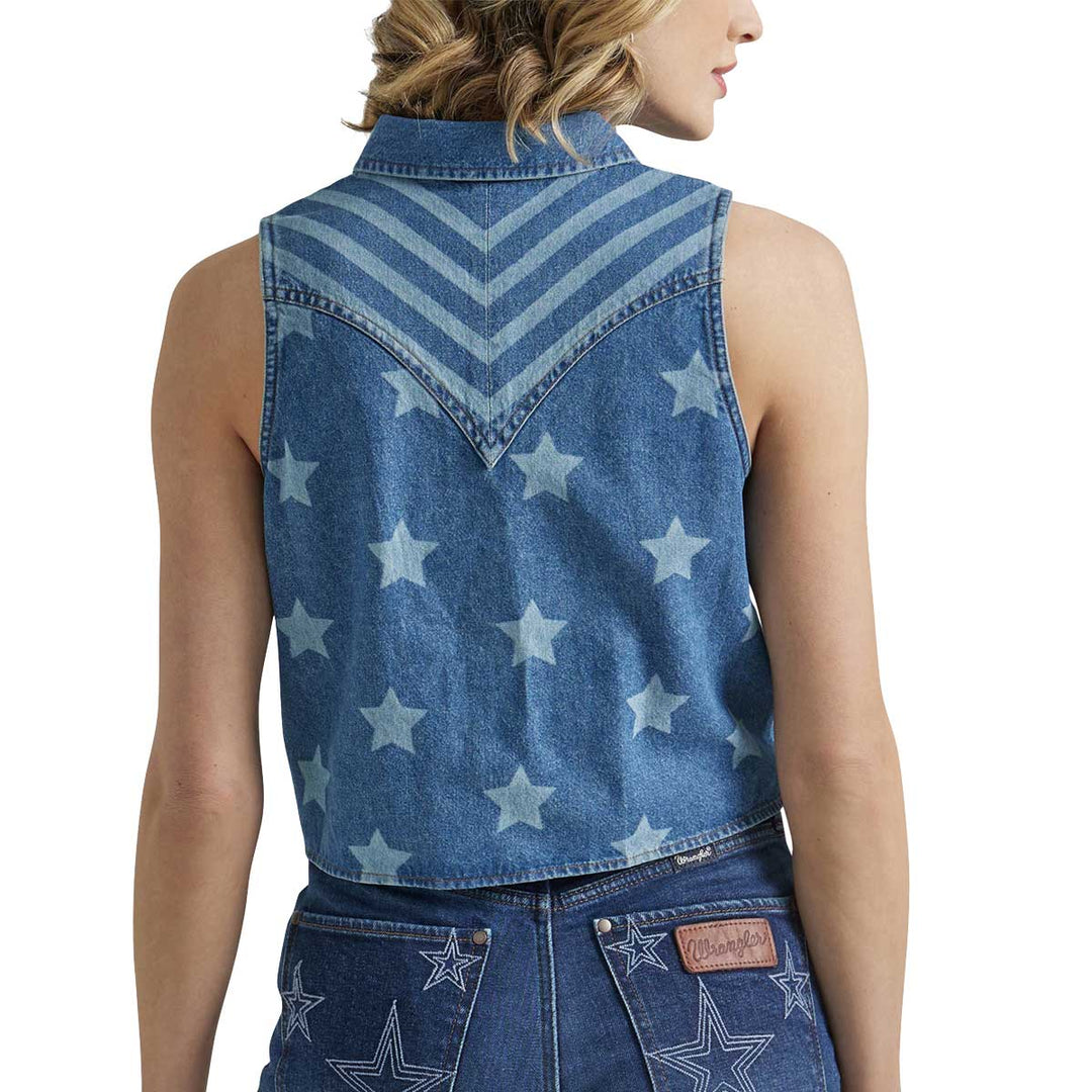 Wrangler Women's Americana Denim Front Tie Sleeveless Shirt - Star Blue