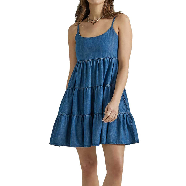 Wrangler Women's Strappy Tiered Denim Mini Dress - Blue Denim