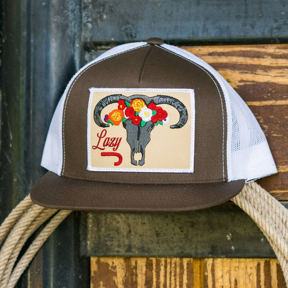 
                      
                        Lazy J Ranch Brown & White Skull & Flowers Classic Five Panel Trucker Hat-BRWWHT4SKULL
                      
                    