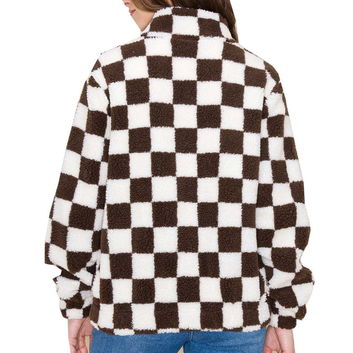 Staccato Women's Checkered Collared Fleece Jacket - Brown Ivory