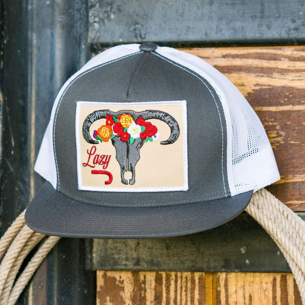 
                  
                    Lazy J Ranch Charcoal Grey & White Skull & Flowers Classic Five Panel Trucker Hat-Lazy J Ranch Wear
                  
                