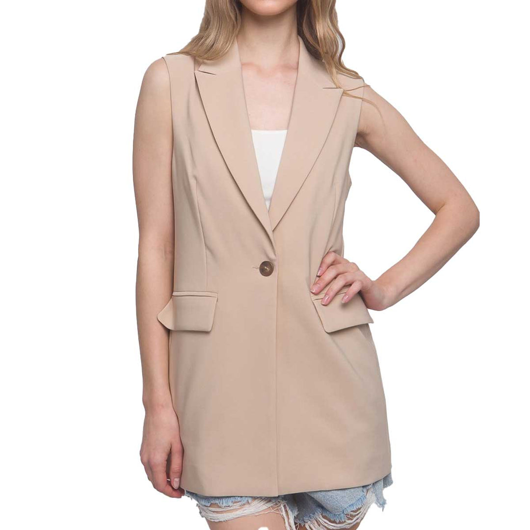 Peach Mood Women's Sleeveless Single Breasted Vertigo Vest Blazer - Khaki