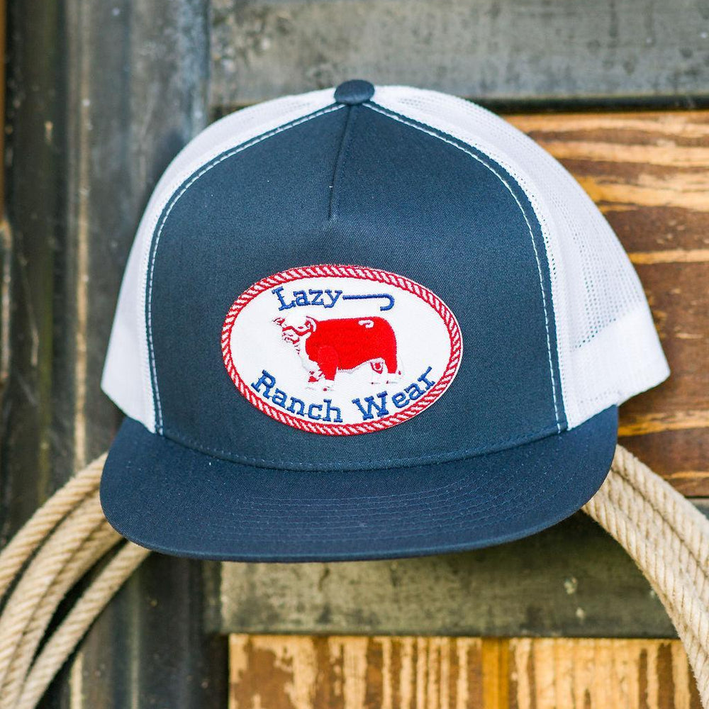 
                  
                    Lazy J Ranch Navy & White Red Original Buckle Classic Five Panel Trucker Hat-Lazy J Ranch Wear
                  
                
