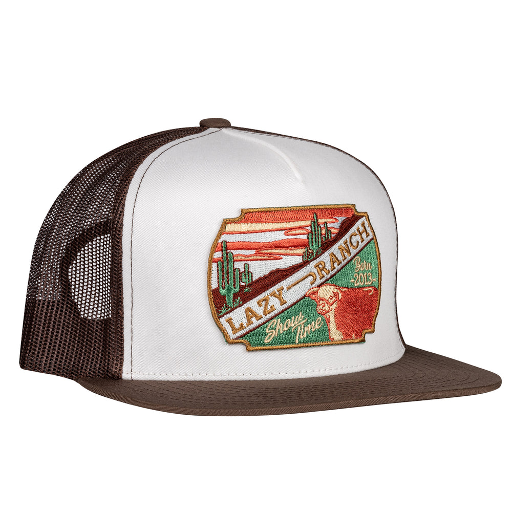 
                      
                        Lazy J Ranch White & Brown LJRW Show Time Classic Five Panel Trucker Hat
                      
                    