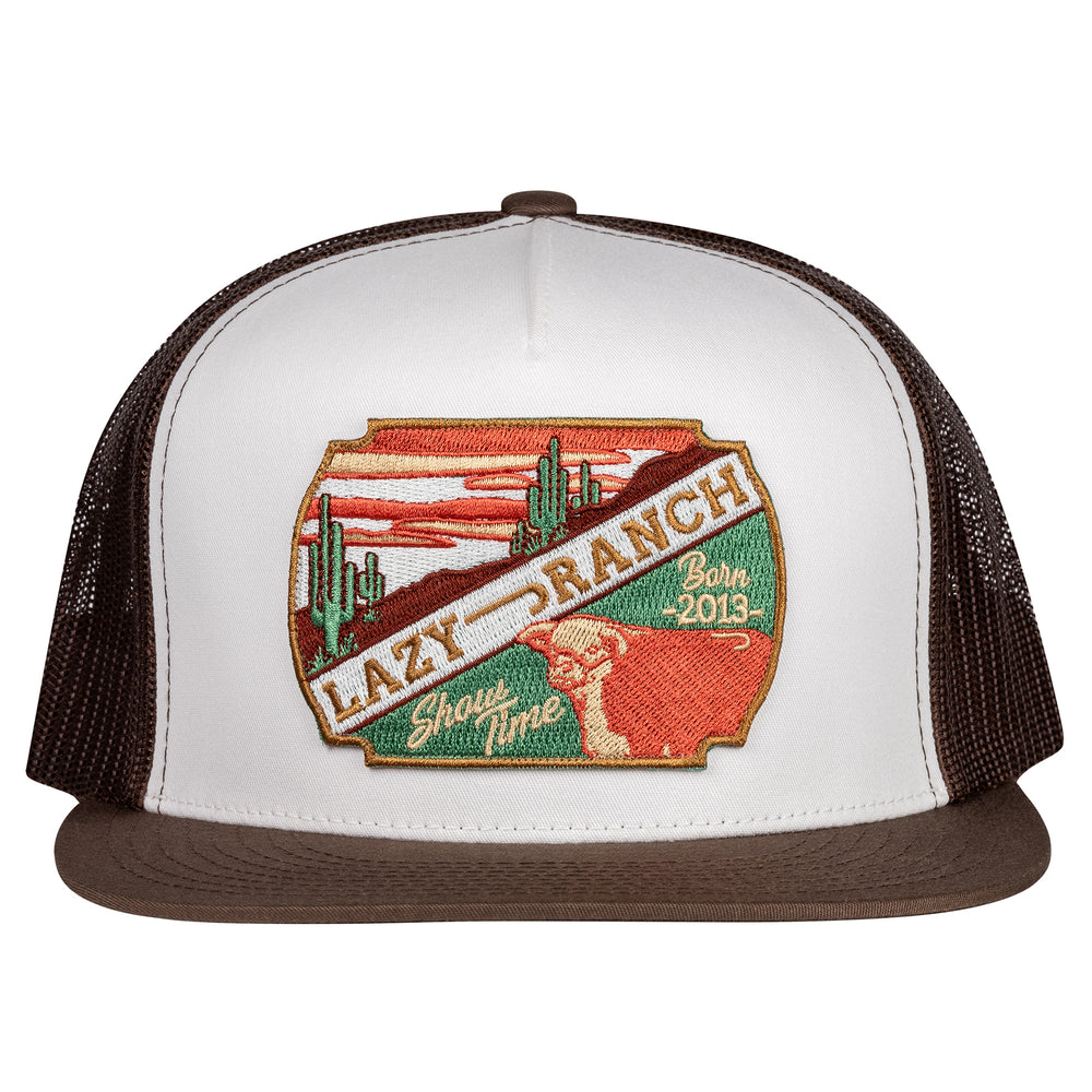 
                      
                        Lazy J Ranch White & Brown LJRW Show Time Classic Five Panel Trucker Hat
                      
                    