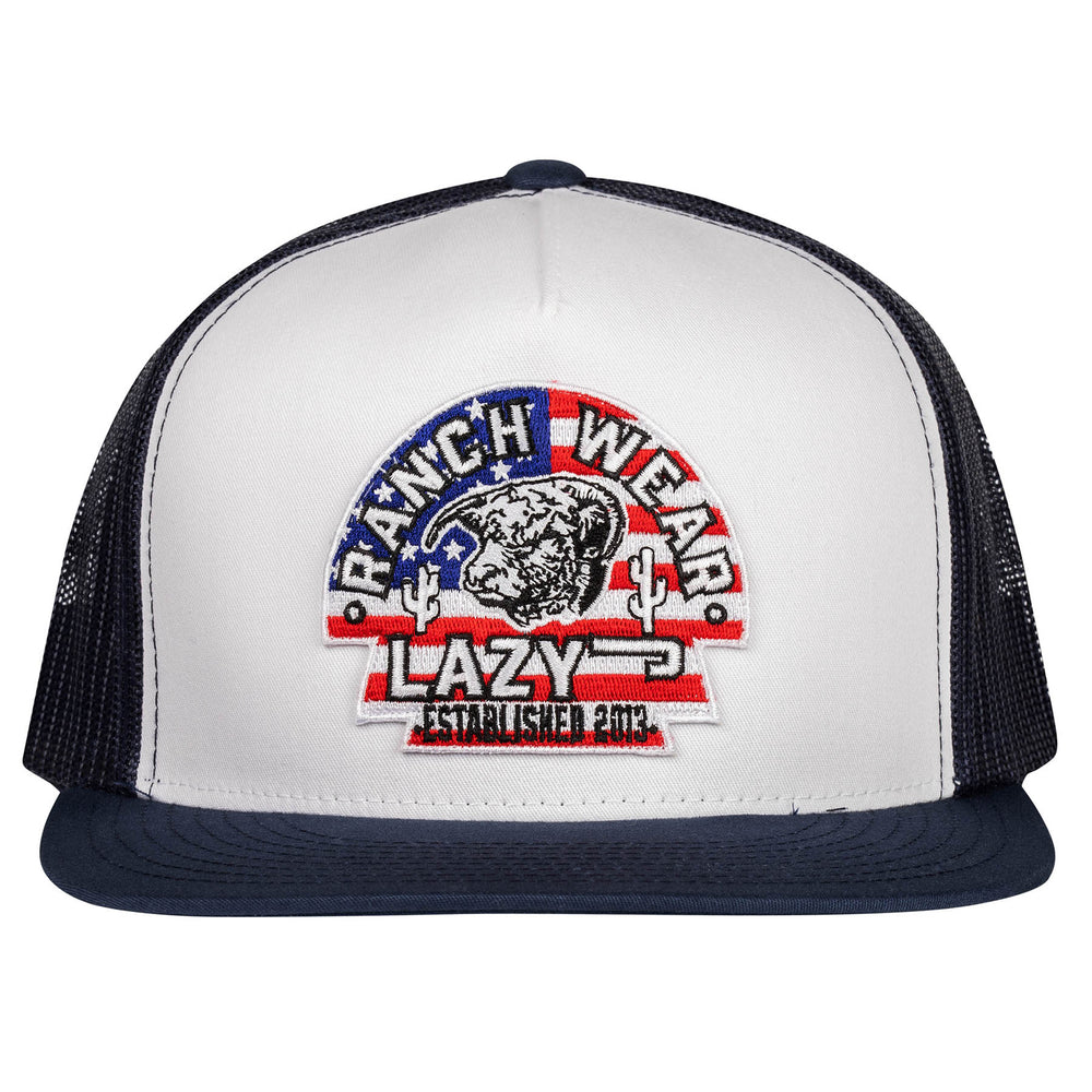 
                      
                        Lazy J Ranch White & Navy USA Arrowhead Classic Five Panel Trucker Hat
                      
                    