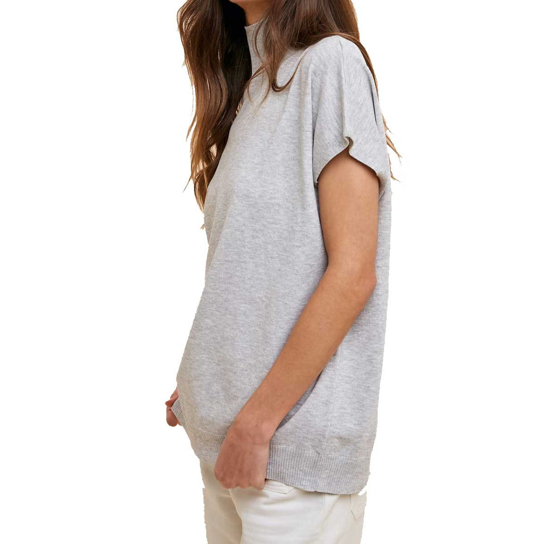 AnnieWear Women's Mock Neck Short Sleeve Sweater - Heather Grey