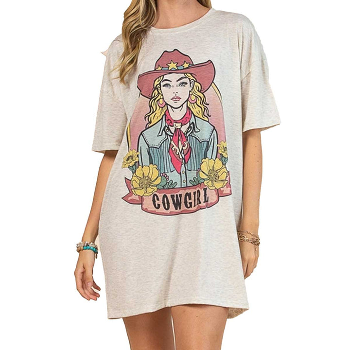 Avery Apparel Women's Bailey Western Cowgirl Graphic T-Shirt Dress - Oatmeal