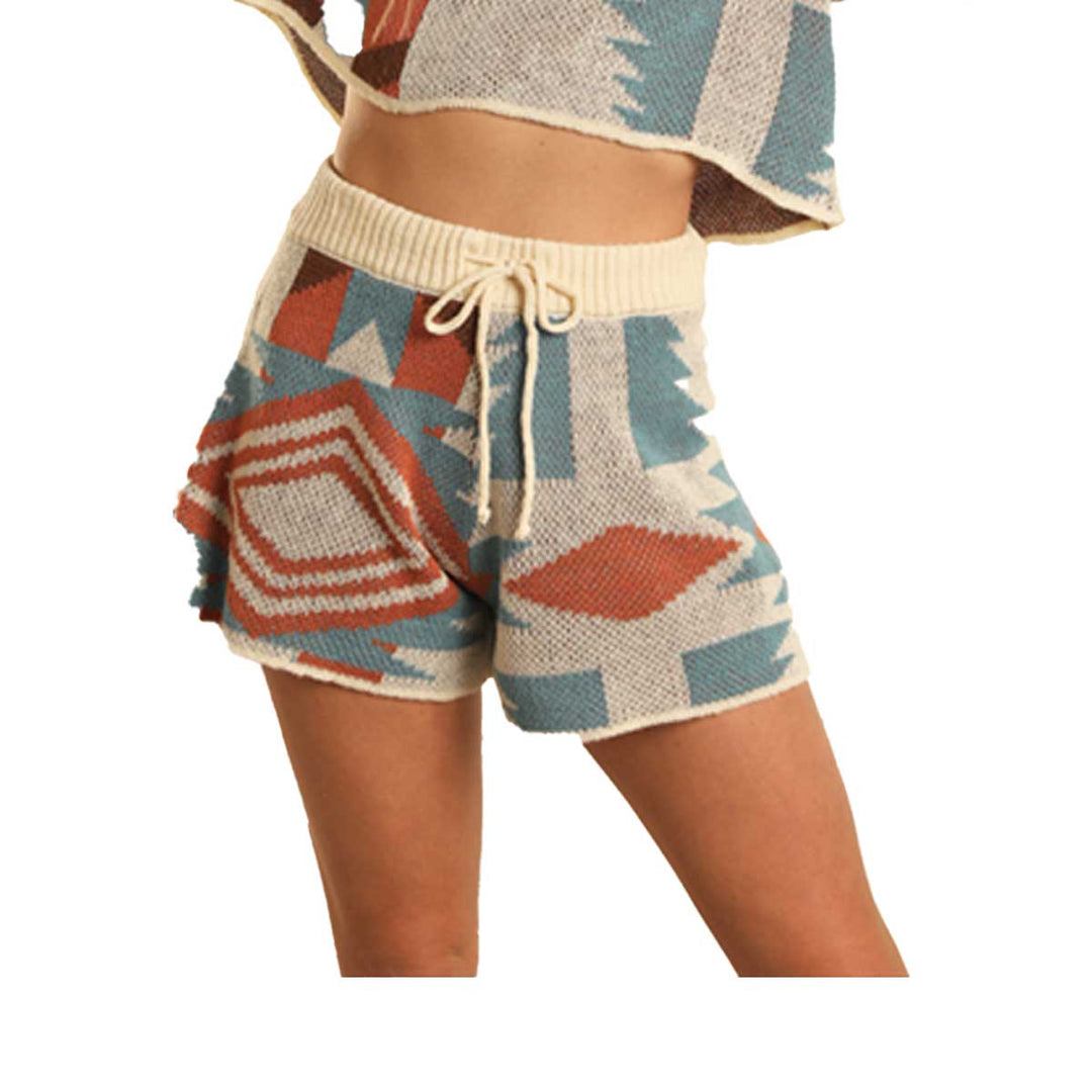Rock & Roll Cowgirl Big Aztec Knit Shorts - Teal