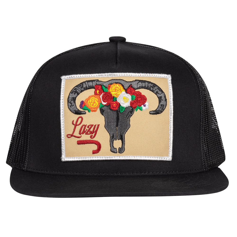 
                      
                        Lazy J Ranch Black Skull & Flowers Classic Five Panel Trucker Hat
                      
                    