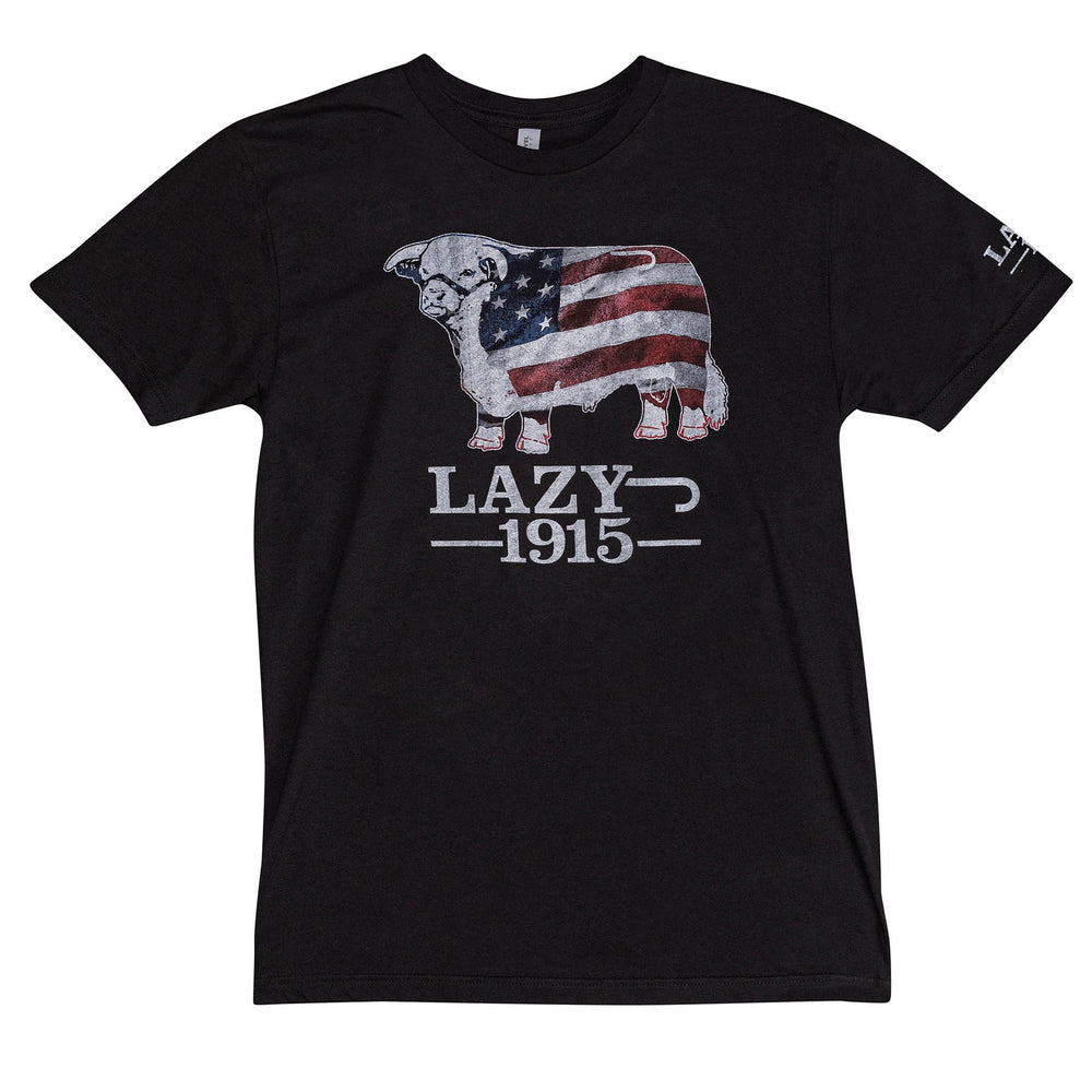 Lazy J Ranch American Flag Hereford Short Sleeve Black T-Shirt-T-Shirts-